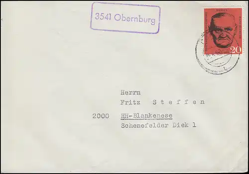 Landpost-Stempel 3541 Obernburg auf Brief mit Berlin-Frankatur KORBACH 1962