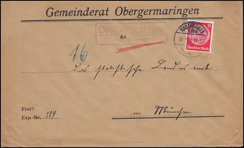 Le temple de la poste de Landpost Obergeraringen sur ACHATBEUREN LAND 28.7.36 Lettre à Munich