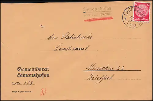 Landpost-Stempel Simonshofen über LAUF a. PEGNITZ 1.7.36 auf Brief nach München