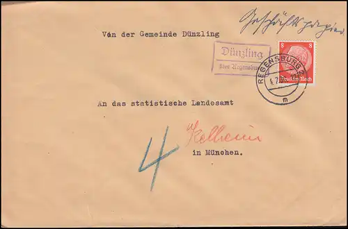 Landpost-Stempel Dünzling über REGENSBURG 2 - 4.7.1936 auf Brief nach München