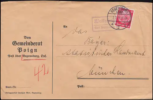 Landpost-Stempel Wolkering über REGENSBURG 2 (LAND) 5.3.1935 auf Brief