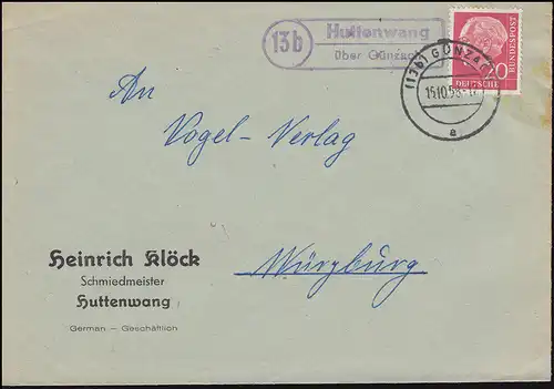 Landpost-Stempel Huttenwang über GÜNZACH 15.10.1958 Brief Schmiedemeister Klöck