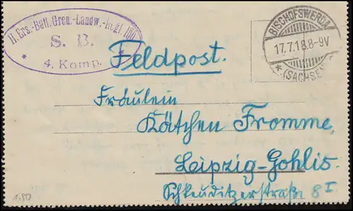 Feldpost II. Ers.-Batl. Gren.-Landw.-Regt.166, Kartenbrief BISCHOFSWERDA 17.7.18