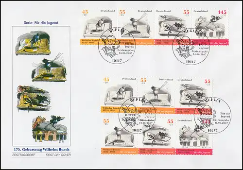 2606-2609 Bl.71 Wilhelm Busch - Zusammendruck-Set mit 6 ZD + 4 Ezm auf 2 FDC