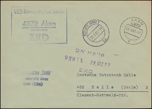 ZKD-Brief VEB Binnenhäfen Saale AKEN 23.3.1967 an die DN in HALLE/SAALE 23.3.67