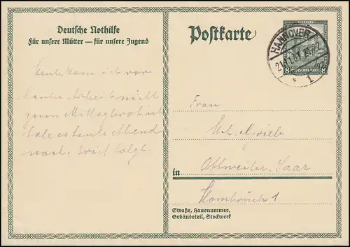 P 212II Deutsche Nothilfe Dresdner Zwinger 8 Pf HANNOVER 1 zz 2.11.1931