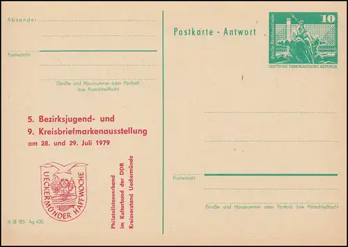 DDR P 81 Doppelkarte Ausstellung Ückermünde 1979 violett/rot, **