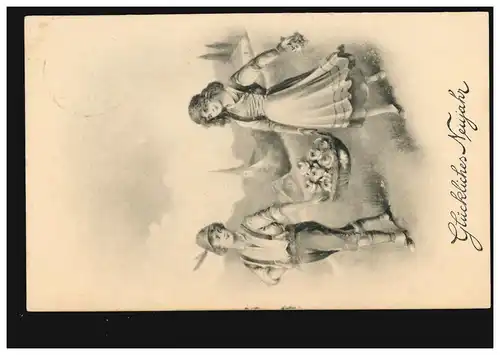 Ansichtskarte Neujahr Mädchen und Junge mit Rosenkorb, DARMSTADT 31.12.1910