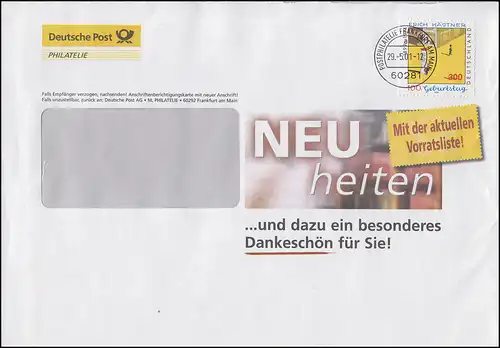 2035 Erich Kästner, Post-Werbebrief Neuheiten + Dankeschön FRANKFURT 29.5.2001