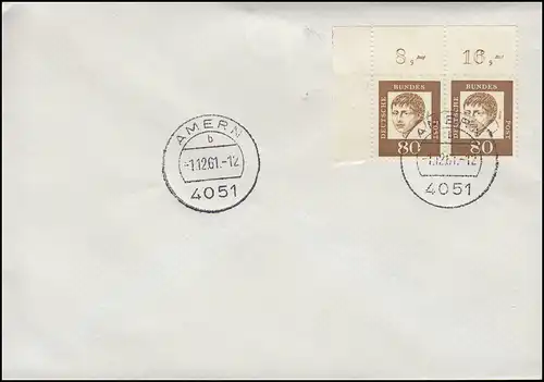 359y Main-d'angle allemand important O AMERN 1.12.61 FDC blanc