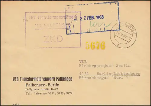 Lettre ZKD VEB Transformateurswerk FALKENSEE 26.2.65 à projet électrique à Berlin