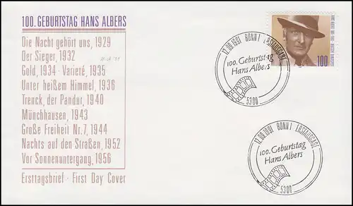 1561 Schauspieler Hans Albers auf Schmuck-FDC ESSt BONN 12.9.1991