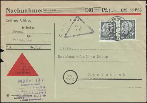 259 Heuss 30 Pf comme MeF Lettre d'annulation huissier de justice HANNOVER 13.4.1959