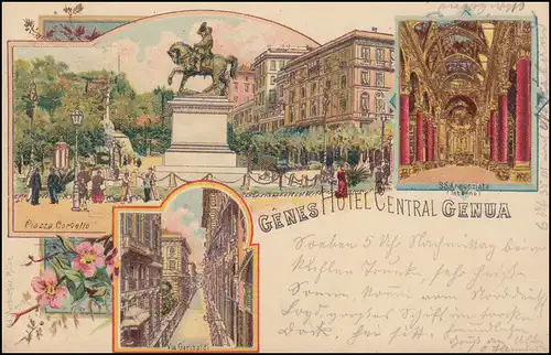 Italien Ansichtskarte Hotel Central in Genua, GENUA nach BRAUNSCHWEIG 3.5.1898