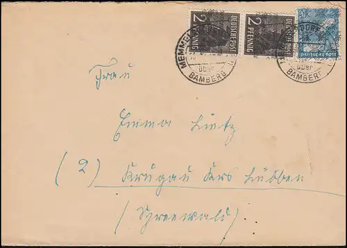 36I Band mit 43II Netz als MiF auf Brief MEMMELSDORF über BAMBERG 1948