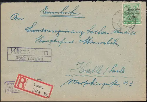 197 SBZ-Aufdruck EF mit Landpost-Stempel Klitzschen über TORGAU 4.1.49 R-Brief