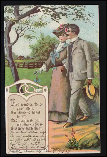 Liebes-AK Liebespaar beim Wandern, FRANKFURT / ODER 27.4.1904 nach SCHÖNEBERG