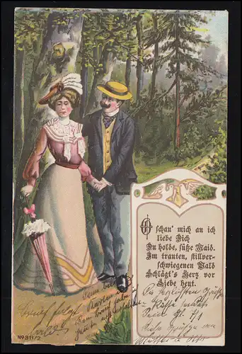Liebes-AK Liebespaar im Wald, FRANKFURT (ODER) 2.5.1904 nach SCHÖNEBERG 3.5.04