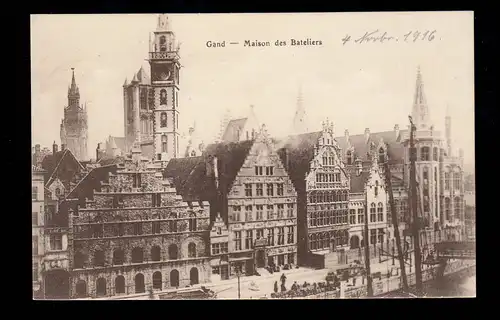 BS Soldatheim I Gand sur AK Ganda/Gand Maison des Bateliers, Feldpost 4 - 1916