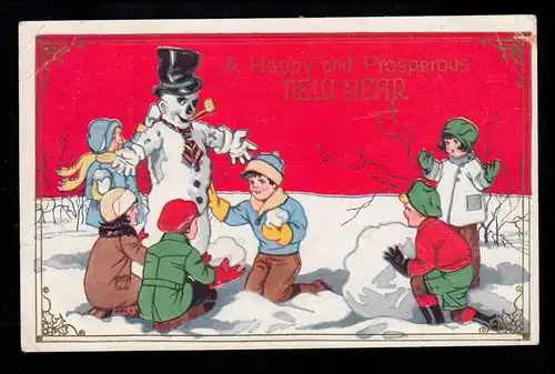 USA Präge-AK Neujahr: Kinder bauen Schneemann, SAN ANTONIO TEXAS 19.12.1933