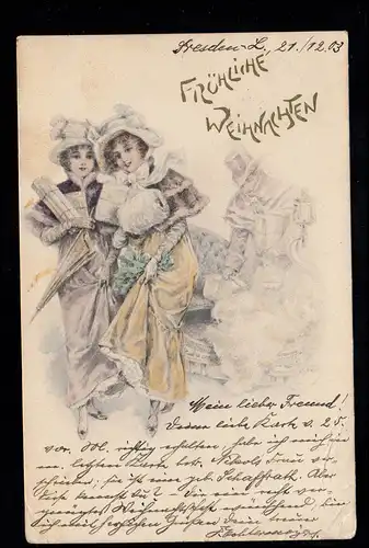 AK Weihnachten: Zwei Frauen mit Kutscher und Geschenken, DRESDEN 21.12.1903 