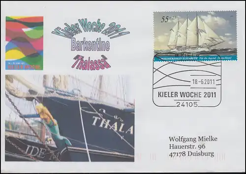 Kieler Woche 2011 Barkentine Thalassa Schmuck-Brief EF SSt KIEL 18.6.2011