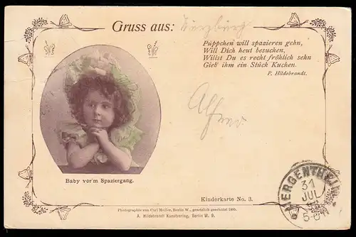 Lyrik-AK Baby vor'm Spaziergang passendes Gedicht P. Hildebrandt WÜRZBURG 1898 