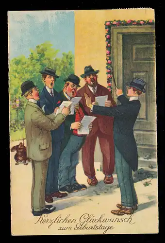 Caricature-AK Le chœur des hommes chante après les notes pour l'anniversaire, NORDENHAM 1.10.1932