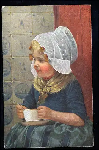 Kinder-AK Edmund Louyot: Ein herziger Schatz - Mädchen mit Tasse TRIER 31.3.1921