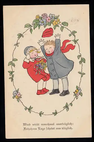 AK pour enfants Le vent - Fritz perd son chapeau, COSWIG (Sachsen) 2.3.1920