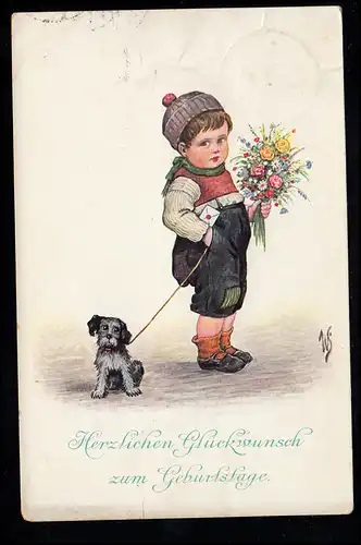 Kinder-AK Geburtstag: Junge mit Hund und Blumenstrauss, MINDEN (WESTF.)