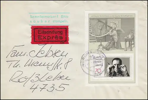 DDR Block 91 Bertolt Brecht als EF auf Eil-Brief NORDHAUSEN 12.2.88 n. ROSSLEBEN