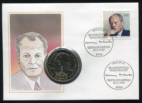 Confédération: Numis-FDC Willy Brandt ESST BERLN 10.11.1993 avec Liberia 1 dollar