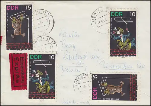 DDR 1025-1027 Tag des Kindes 5+10+15 Pf mit 1025 ER-Vbl. Eilbrief BERLIN 17.6.64