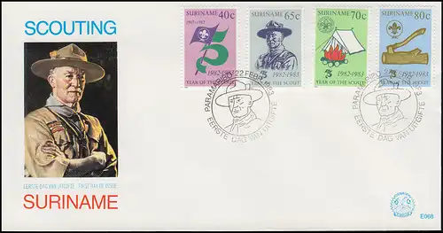 Surinam Pfadfinder 1983 Robert Baden-Powell Zelte Lagerfeuer - auf Schmuck-FDC 