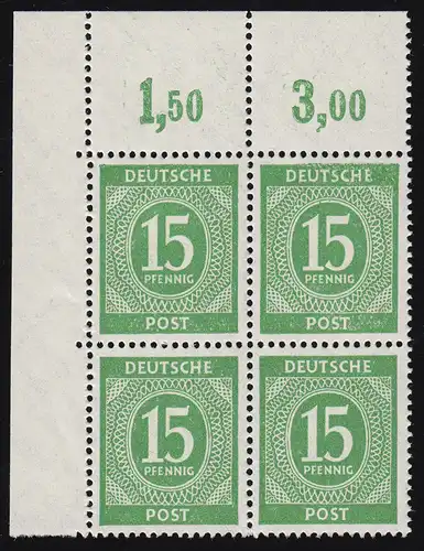 922c P OR Ziffer 15 Pf Oberrand-Viererblock OR durchgezähnt, ** farbgeprüft