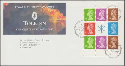 Royaume-Uni: feuille 172 de MH 100 Tolkien sur le FDC de bijoux 1992