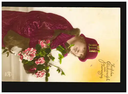 Femmes AK: Femme Fleurs rouges, Félicitations, Giesenhausen 09.09.1927