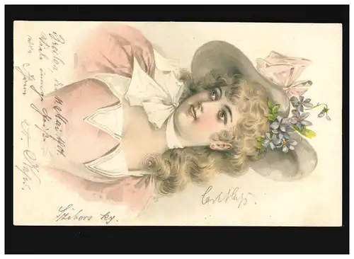 AK Femmes: Femme avec boucles, fleur, chapeau et boucle sur le cou, Wroclaw 18.05.1901