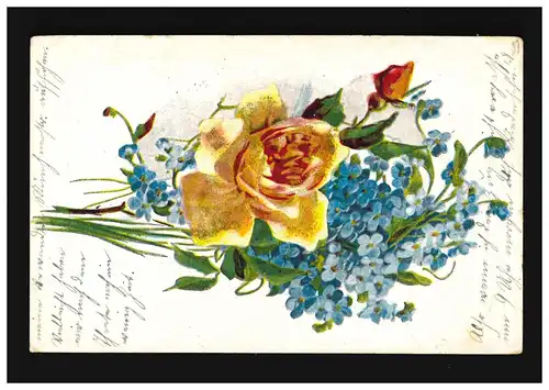 AK Blumen gelbe Rose Vergissmeinicht Hagenmüller Freiberg (Sachsen) 4.12.1912