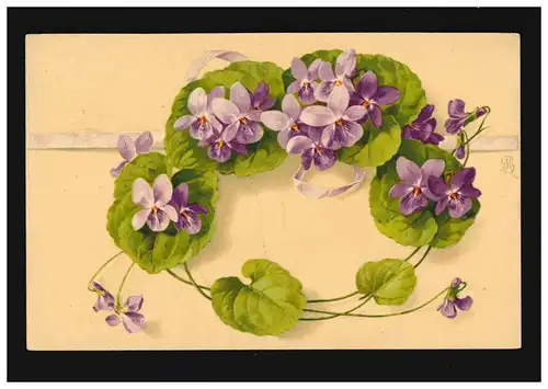 AK Blumen Veilchen Kranz auf Lila Band Art Deco Jugendstil, Rorschach 23.6.1922