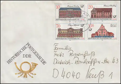 3067-3070 Bâtiment postal: Quadruple bloc-ZD PLF 3069I Lettre LUCKAU 16.3.87 BPP-testé