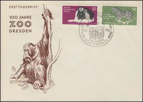 825-826 Dresdner Zoo 1961 - Ensemble sur les bijoux FDC ESSENT DRESDEN 100 ans Zoon