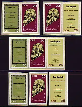 1365-1367B Karl Marx aus Block 27 geschnitten - 3 ZD und 3 Ezm, Set **