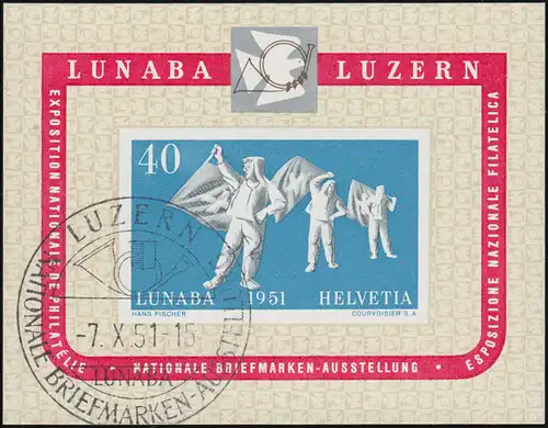 Schweiz Block 14 Ausstellung LUNABA 1951: passender SSt LUZERN Posthorn 7.10.51