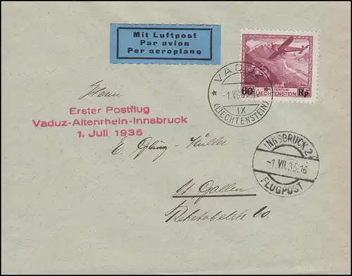 1. Postflug Vaduz-Altenrhein-Innsbruck passende EF 148 auf Brief VADUZ 1.7.1935