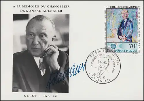 Bénin / République du Dahomey 318 anniversaire de la mort d'Adenauer 1967 Bijoux-FDC 19.7.67