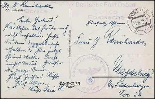 Deutsche Post Osten Gorlice 25.4.1940 AK als Postsache mit BS nach Magdeburg 