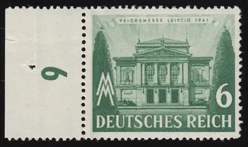 765 Leipziger Messe 6 Pf Randpf PLF Fleck derrière 1941, Feld 20, plié **