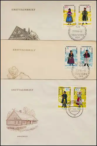 1074-1079 Volkstrachten 1964:  Satz mit 3 Zusammendrucken auf Schmuck-FDCs